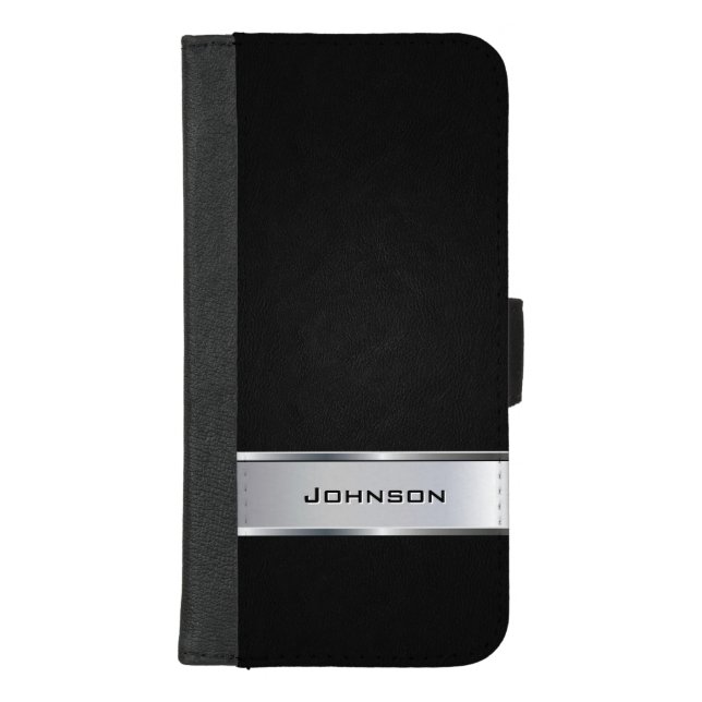 Elegant Black Leather Look with Silver Metal Label iPhone Wallet Case (Front)