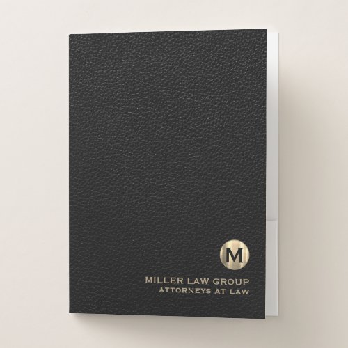 Elegant Black Leather Print Brushed Gold Initial Pocket Folder