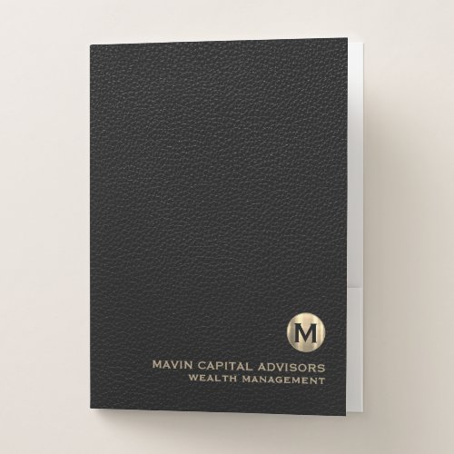 Elegant Black Leather Print Brushed Gold Monogram Pocket Folder