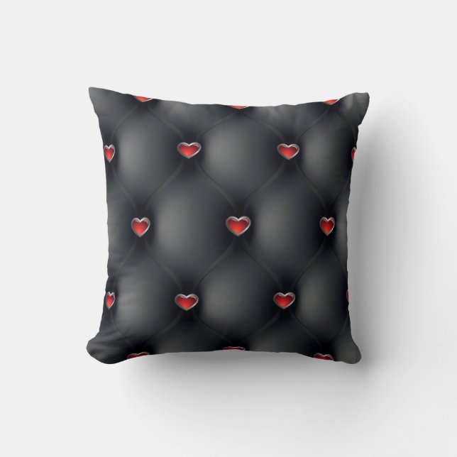 Elegant Black Leather Red Hearts Pattern Throw Pillow (Front)