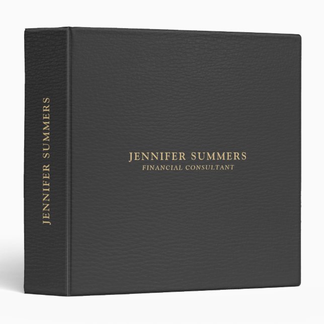 Elegant Black Leather Texture Gold Typography 3 Ring Binder (Front/Spine)