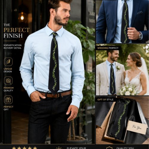 Elegant Black leaves Tie | green Floral Vine Men'