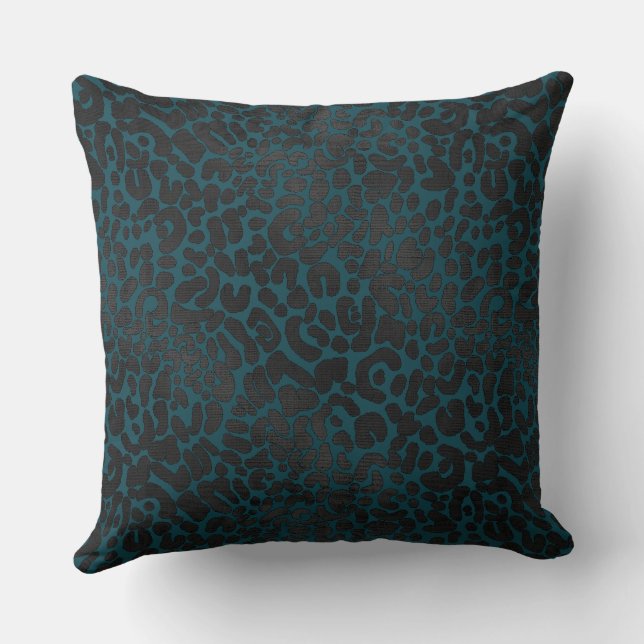 Elegant Black Leopard Animal Print on Teal Throw Pillow (Back)