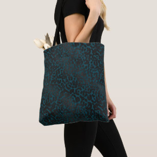 Elegant Black Leopard Animal Print on Teal Tote Bag