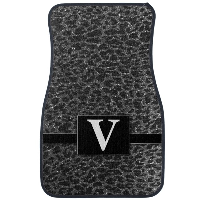 Elegant Black Leopard Glitter Monogrammed Classic Car Floor Mat (Front)