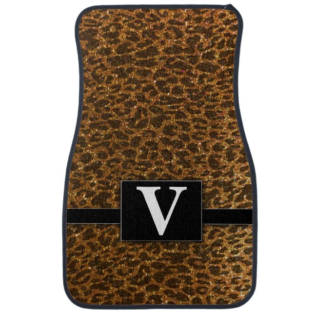 Elegant Black Leopard Glitter Monogrammed Classic Car Floor Mat (Front)