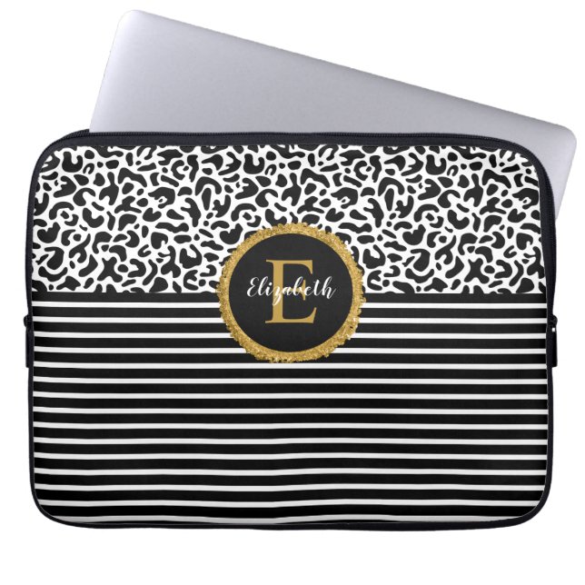 Elegant Black Leopard Monogram Laptop Sleeve (Front)