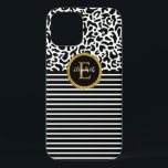 Elegant Black Leopard Monogram Laptop Sleeve iPhone 12 Pro Case<br><div class="desc">A black and white leopard pattern with a black and white striped and a gold and black elegant monogram decorates this iphone case. Personalize it for yourself or for a gift! Designed for you by Blackberry Boulevard.</div>