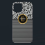Elegant Black Leopard Monogram Laptop Sleeve iPhone 12 Pro Case<br><div class="desc">A black and white leopard pattern with a black and white striped and a gold and black elegant monogram decorates this iphone case. Personalize it for yourself or for a gift! Designed for you by Blackberry Boulevard.</div>