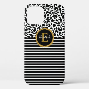 Elegant Black Leopard Monogram Laptop Sleeve iPhone 12 Pro Case