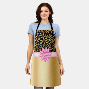 Elegant Black Leopard Pink Bow Gold Apron