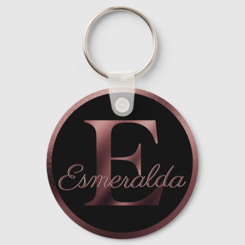Elegant Black Letter E Rose Gold Metallic Monogram Keychain