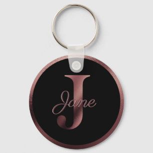 Elegant Black Letter J Rose Gold Metallic Monogram Keychain