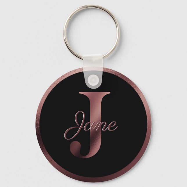 Elegant Black Letter J Rose Gold Metallic Monogram Keychain (Front)