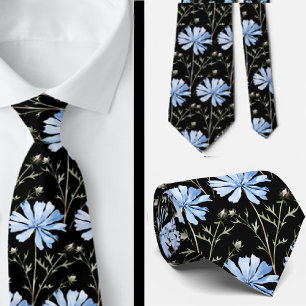Elegant Black Light Blue Wildflowers Neck Tie