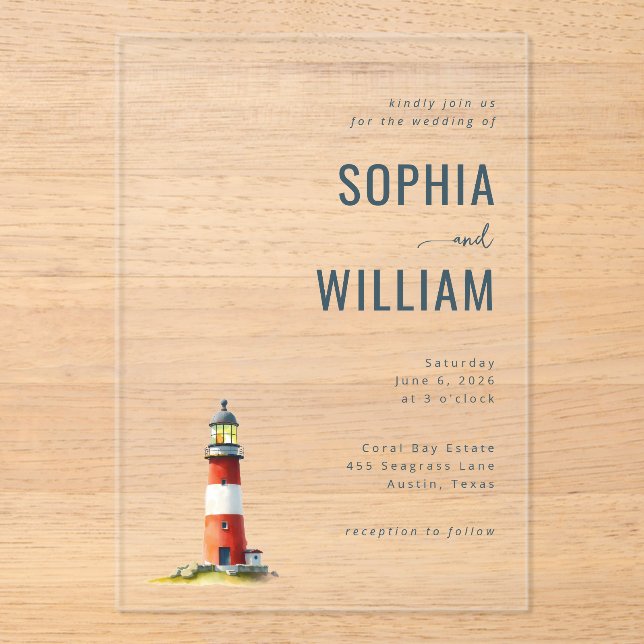 Elegant Black Lighthouse Illustration Acrylic Invitations (Front)
