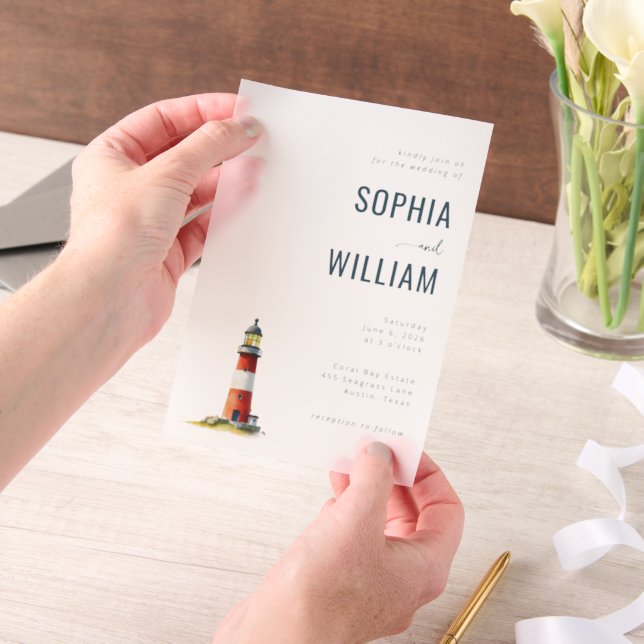 Elegant Black Lighthouse Illustration Vellum Invitations (Handheld)