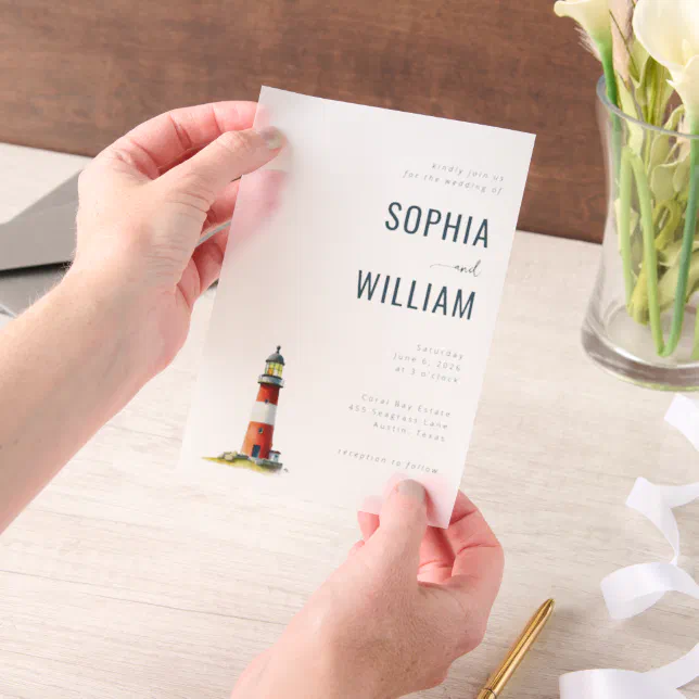 Elegant Black Lighthouse Illustration Vellum Invitations | Zazzle