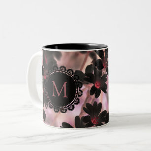 Elegant Black Lilac Flowers Monogram Two-Tone Coffee Mug