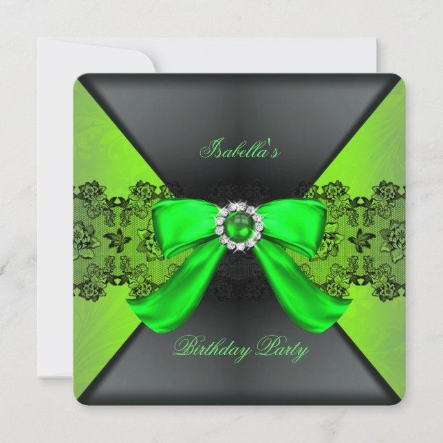 Elegant Black Lime Green Pearl Bow Birthday Party Invitation (Front)