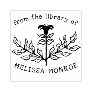 Elegant Black Line Art Lily Library of CUSTOM Rubber Stamp