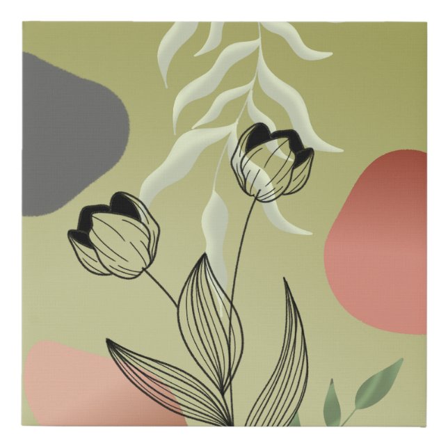 Elegant Black Line Art Tulips on Green Gradient Faux Canvas Print (Front)