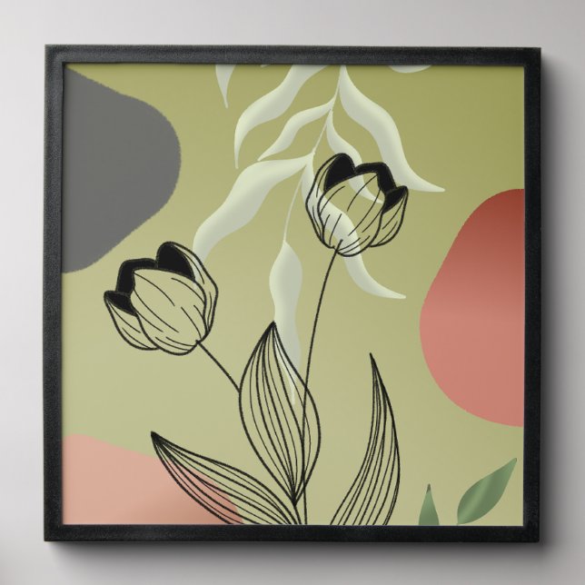 Elegant Black Line Art Tulips on Green Gradient Peel And Stick Photo Tile (Front Set)