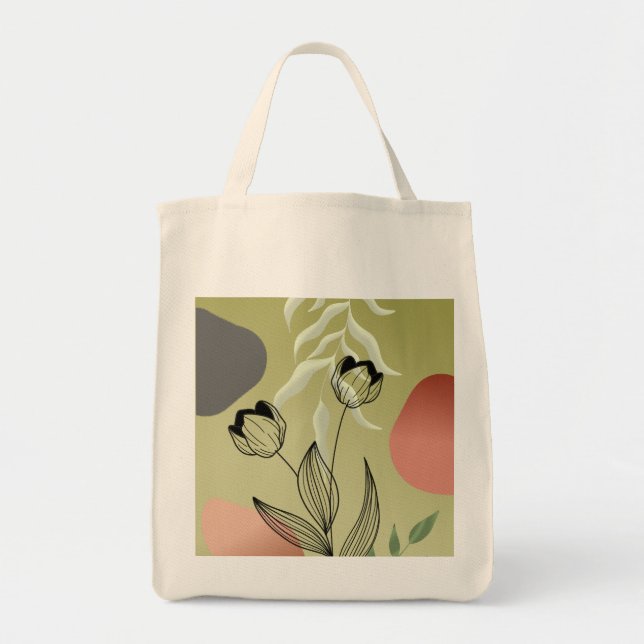 Elegant Black Line Art Tulips on Green Gradient Tote Bag (Front)