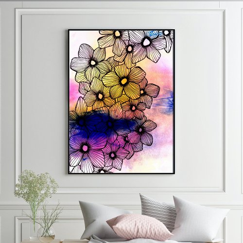Elegant Black Lined Blossoms on Pastel Watercolor  Poster
