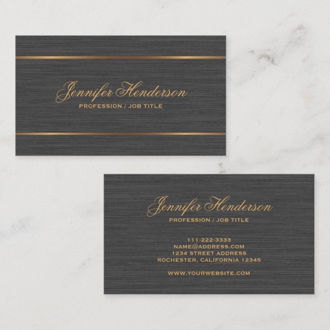 Elegant Black Linen Fabric Gold Frame Professional Business Card (Front/Back)
