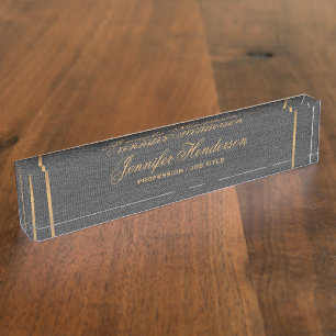 Elegant Black Linen Fabric Gold Frame Professional Desk Name Plate