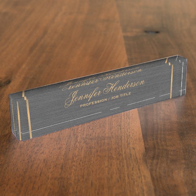 Elegant Black Linen Fabric Gold Frame Professional Desk Name Plate (Side)