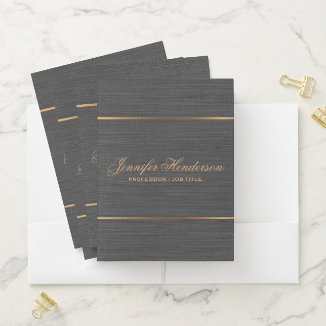 Elegant Black Linen Fabric Gold Frame Professional Pocket Folder (In Situ)