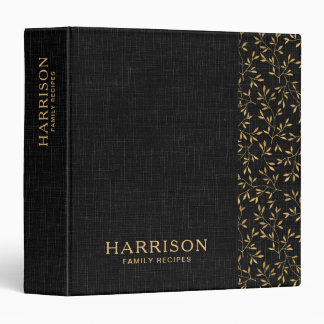 Elegant Black Linen Gold Botanical Family Recipe 3 Ring Binder