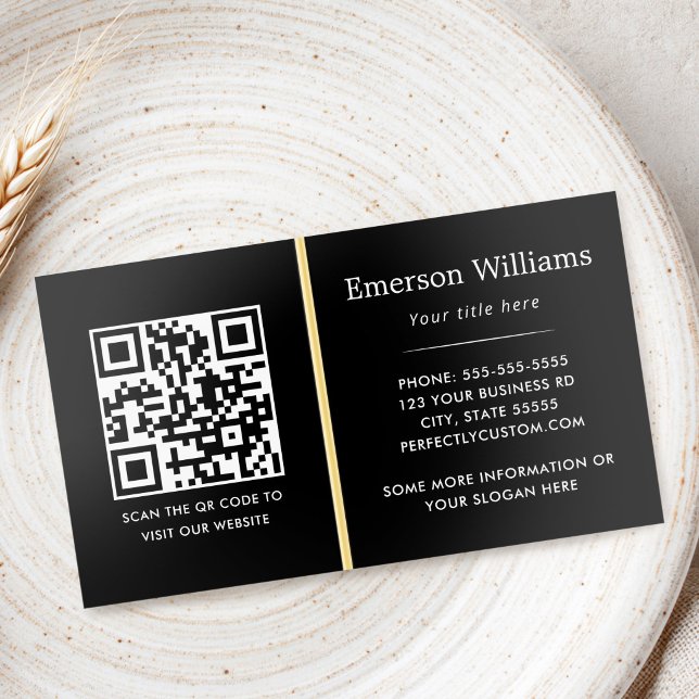 Elegant black logo QR code divider golden Foil Business Cards (Elegant black logo QR code divider golden Foil Business Cards)