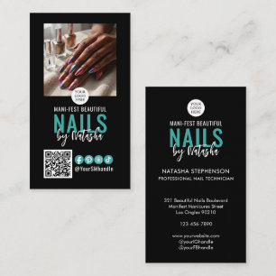 Elegant Black Logo QR Code Photo NAIL TECHNICIAN Business Card