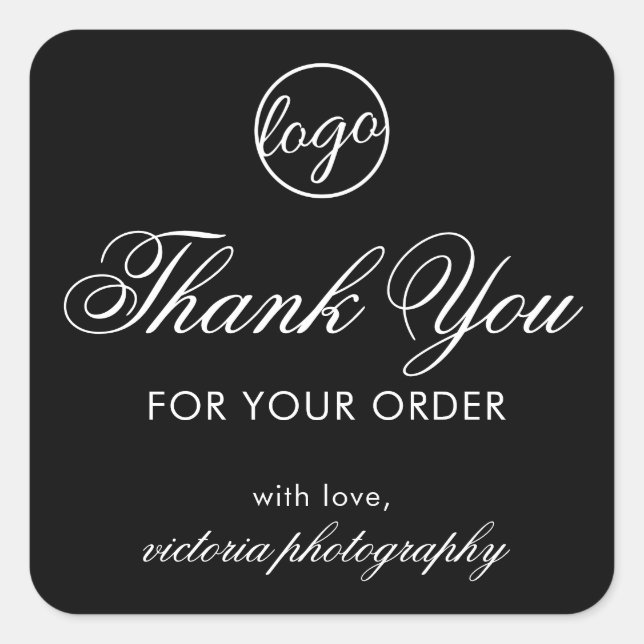 Elegant Black Logo Thank You Business Square Sticker (Front)