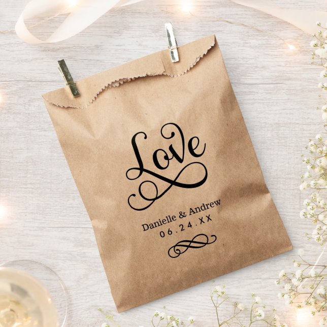 Elegant Black Love Script Monogram Wedding Favor Bag (Clipped)