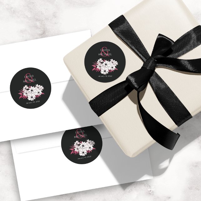 Elegant Black Magenta Floral Classic Round Sticker (Creator Uploaded)