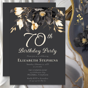 Elegant Black Magnolia Floral 70th Birthday Party Invitation