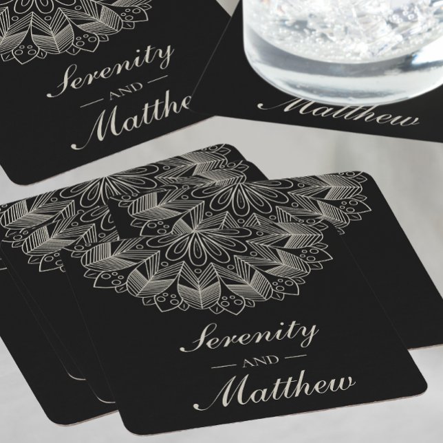 Elegant Black Mandala Boho Chic Indian Wedding Square Paper Coaster (Creator Uploaded)