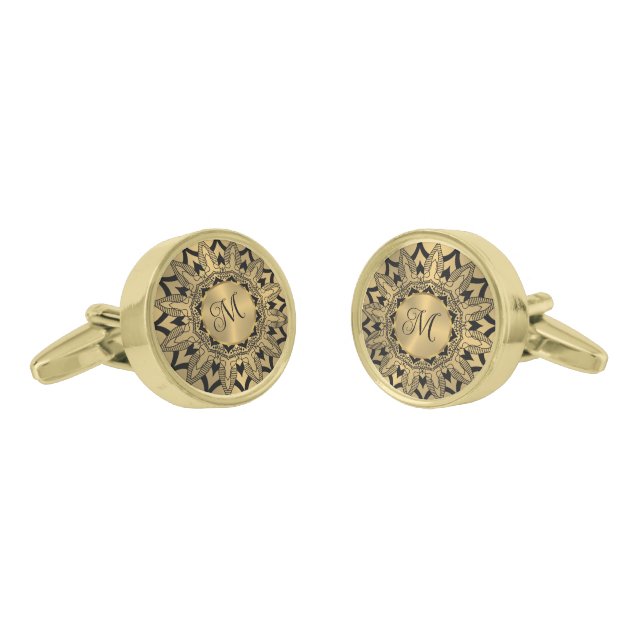 Elegant Black Mandala On Gold Monogram Cufflinks (Angled)
