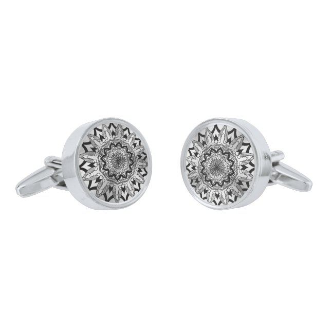 Elegant Black Mandala On Silver Background Cufflinks (Angled)