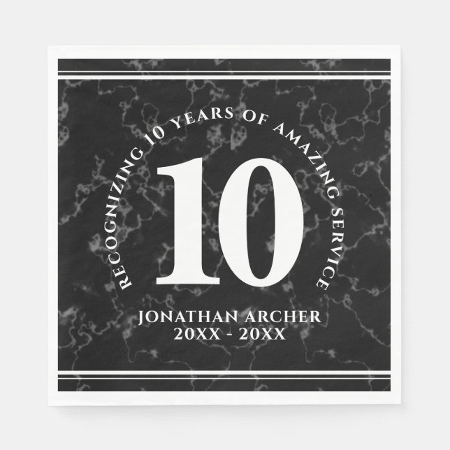 Elegant Black Marble 10 Years Work Anniversary Napkins (Front)