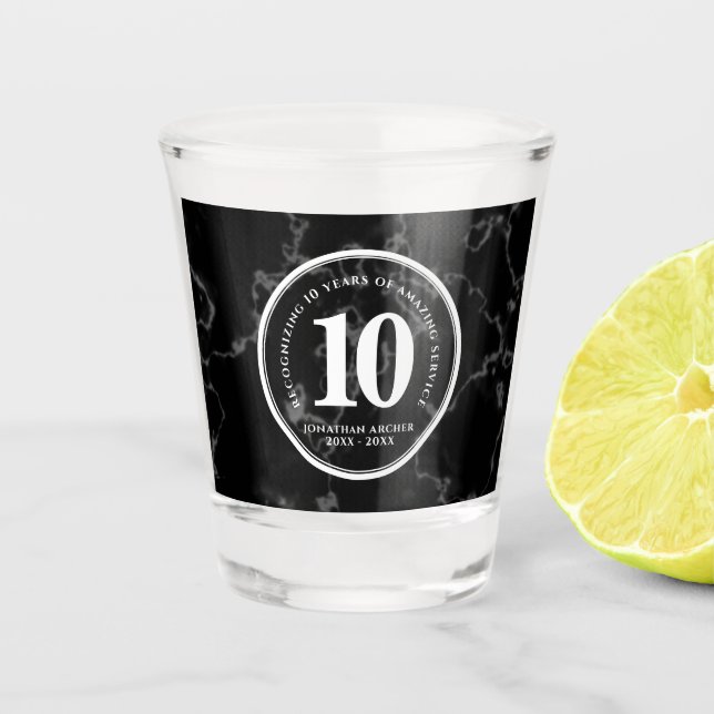 Elegant Black Marble 10 Years Work Anniversary Shot Glass (Front)