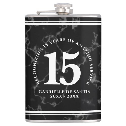 Elegant Black Marble 15 Years Work Anniversary Flask