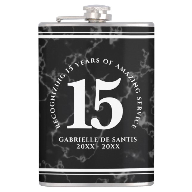Elegant Black Marble 15 Years Work Anniversary Flask (Front)