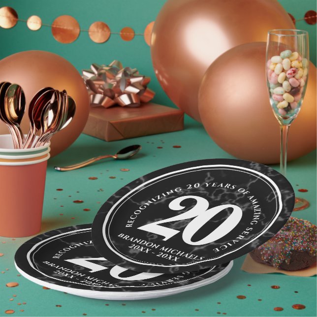 Elegant Black Marble 20 Years Work Anniversary Paper Plates (Multi)