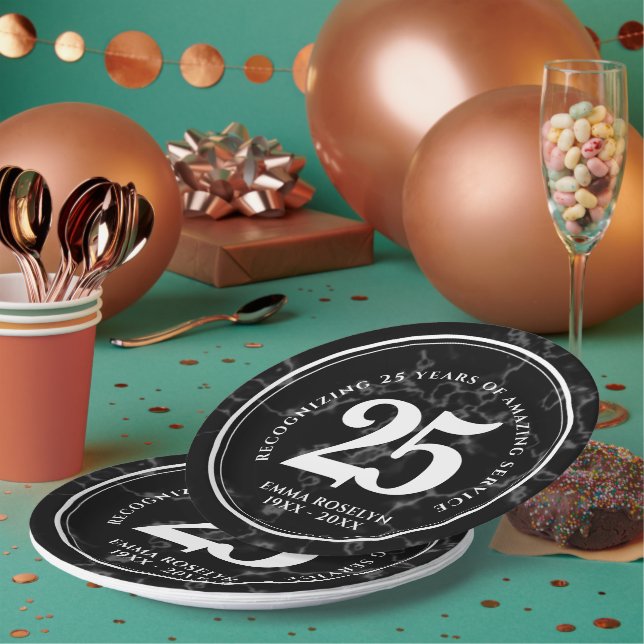 Elegant Black Marble 25 Years Work Anniversary Paper Plates (Multi)