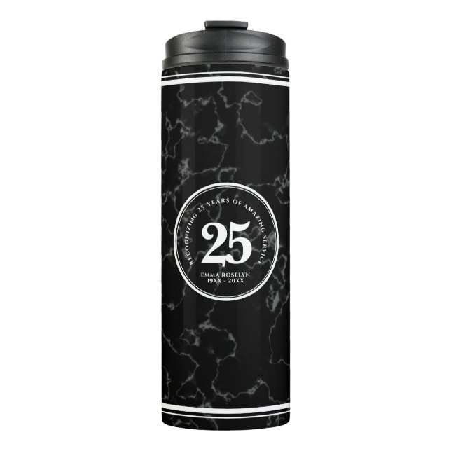 Elegant Black Marble 25 Years Work Anniversary Thermal Tumbler (Front)